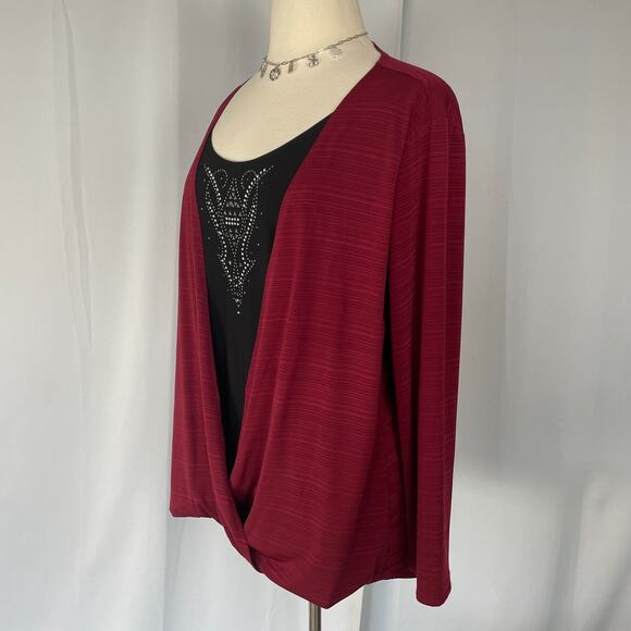 Y2K Top Plus Size 3X Red Black Layered Drapey Silver Rhinestone Bling Goth Indie - Picture 5 of 10